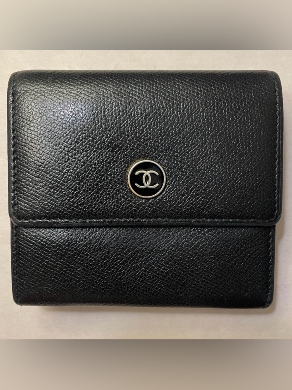 CHANEL COCO Button W Hook Wallet Black Leather Trifold